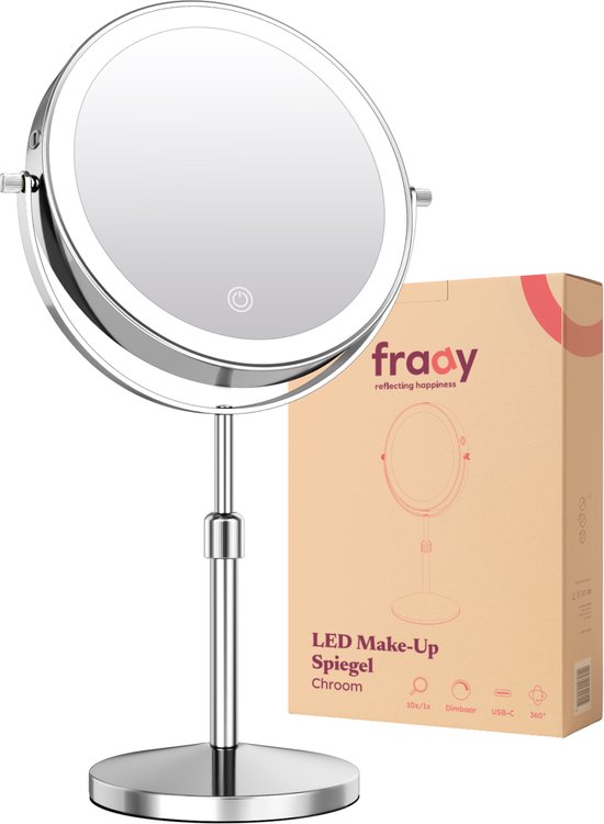 Fraay® Make Up Spiegel met LED Verlichting - 10x Vergroting - Vergrootspiegel met Licht - Oplaadbaar - Scheerspiegel - Badkamerspiegel - Chroom