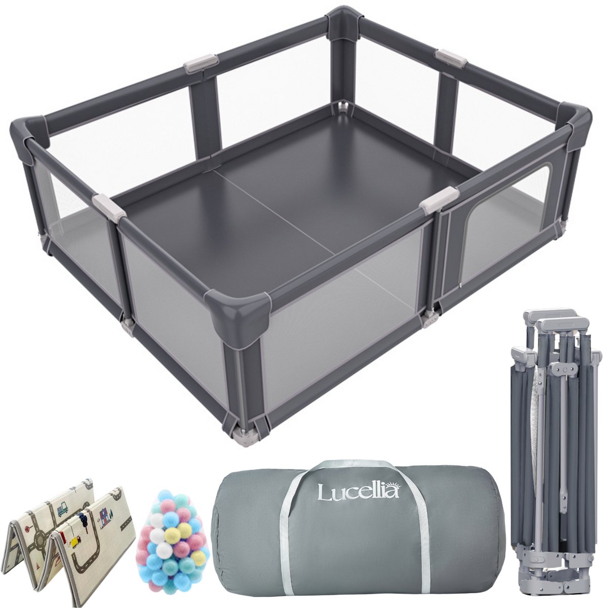 Lucellia® Grondbox Baby - Inklapbare Speelbox & Kinderbox – Inclusief Dubbelzijdige Speelmat + 50 Ballen – Met Draagtas & 2 Siliconen Optrekringen – Slim Kliksysteem Zonder Gereedschap – Donker Grijs – 130x130x69 cm