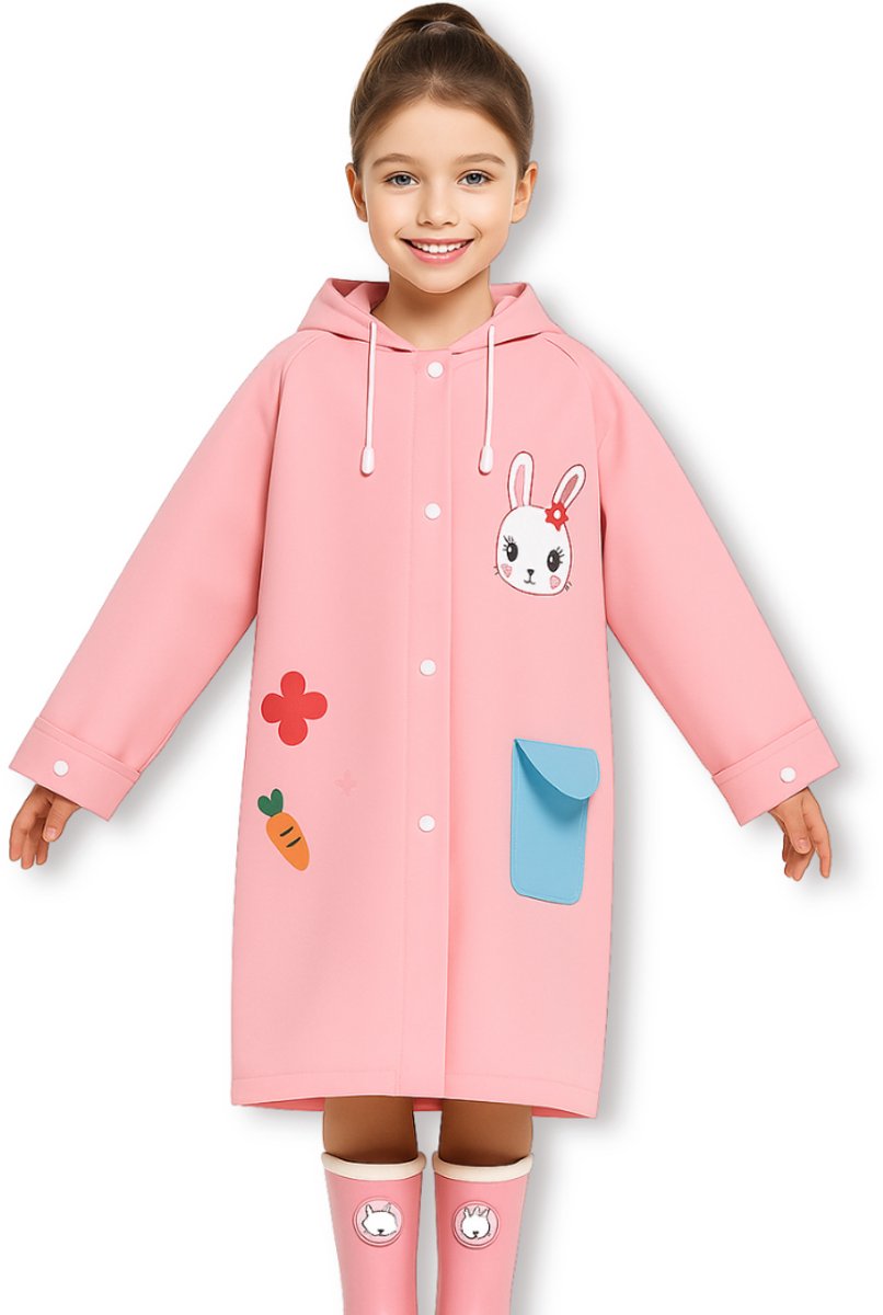 BoefieBoef Roze Kinder Regenjas Konijn Liefde – L 4 tot 8 jaar – Kleuter RegenPoncho – Premium EVA Waterdicht – Regenmantel - Regen Winter School Buitenspelen – Knutseljas – Cadeau Tip voor Meisjes & Jongens – lengte 105-125 cm - Love Bunny