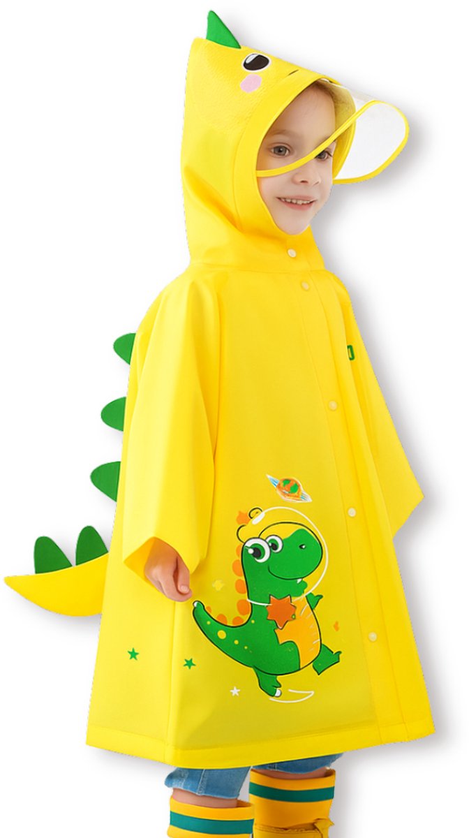BoefieBoef Gele Kinder Regenjas Ruimte Dinosaurus – 4 tot 8 jaar – Kleuter RegenPoncho – Premium EVA Waterdicht – Regenmantel - Regen Winter School Buitenspelen – Knutseljas – Cadeau Tip voor Meisjes & Jongens – lengte 105-125 cm