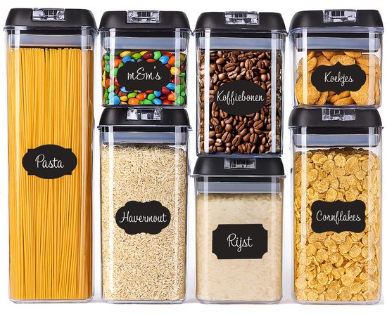 Set de Bocaux de conservation ou Bidons alimentaires de rangement avec étiquettes tableau noir et marqueur - Set de bocaux à bonbons, contenants alimentaires ou boîtes hermétiques et empilables avec couvercle sous vide - 7 pièces