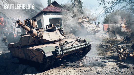 Battlefield 6: een tank in de voorgrond, met een gebouw en tank in de achtergrond. Vuur en rook zijn zichtbaar.