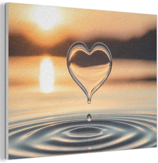 Goutte d'eau en forme de cœur au-dessus des ronds, avec un coucher de soleil en arrière-plan.