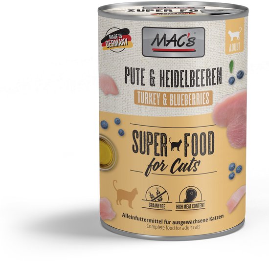 MAC's Kattenvoer Natvoer Blik - 70% Kalkoen & Bosbessen - 6 x 400g