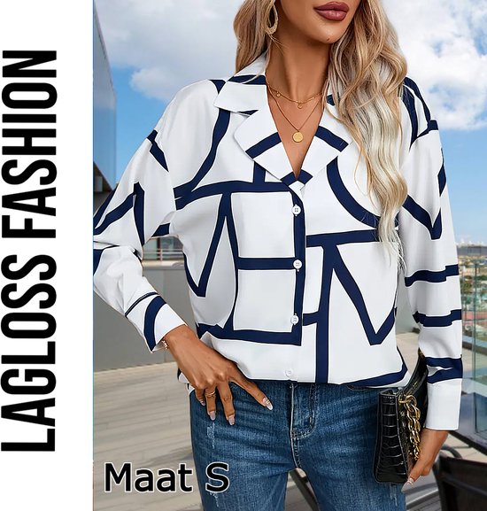Chemise à manches longues géométrique Chique LaGloss® pour femme – Chemisier bleu marine et Wit – Taille S