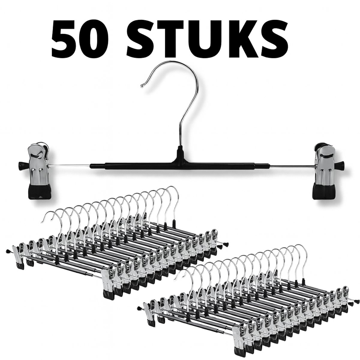 JustValue Kledinghangers met Klemmen - RVS - Anti-slip - 50 Stuks - Verstelbare Clips - Rokken - Broeken - Shirts - Blouses - Volwassenen - Kinderkleding - Kledingrek Hanger - Broekhanger Lichtgewicht - Kleerhangers - Grijs