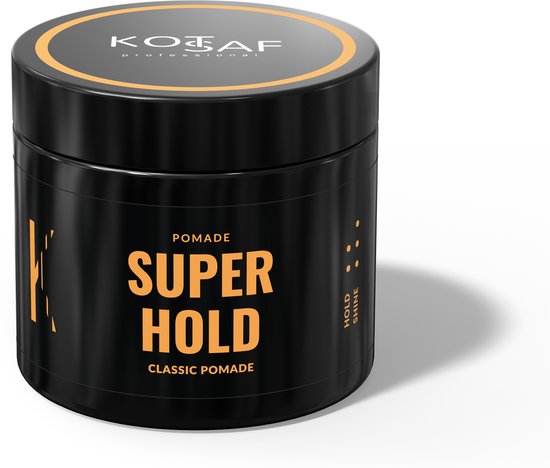 Zwarte pot KOTSAF pomade 'SUPER HOLD CLASSIC POMADE' met gouden letters en oranje rand.
