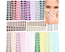 576 Pcs Short Artificial Nails for Kids, EBANKU Kids Short Square Glossy Print on Nails with 120 Pieces Nail Glue Tabs, 24 Colours Artificial Nail Tips Fingernails Decoration