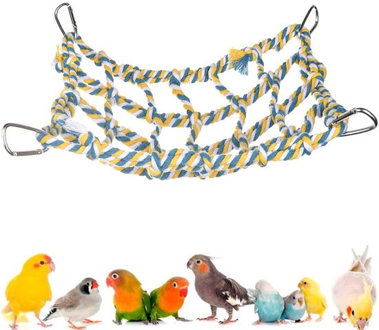 Papegaaien schommel (Geel 32*25cm) - Met 4 haken - Vogel Schommel - Klimnet - Vogel Speel - Vogel Speelgoed - Vogelspeelgoed - Vogel Speeltjes - Vogelkooi Accessoires - Voor Grasparkiet, Agapornis, Valkparkiet en Kleine Papegaaien