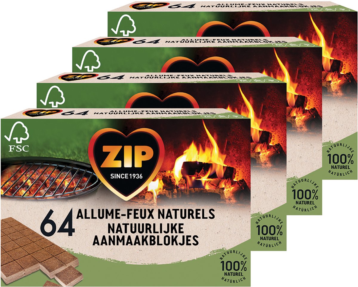 ZIP aanmaakblokjes 265 stuks - Openhaard & BBQ Blokjes - Aanmaakblokjes Bruin - Natuurlijk en Geurloos - 4 x 64 stuks