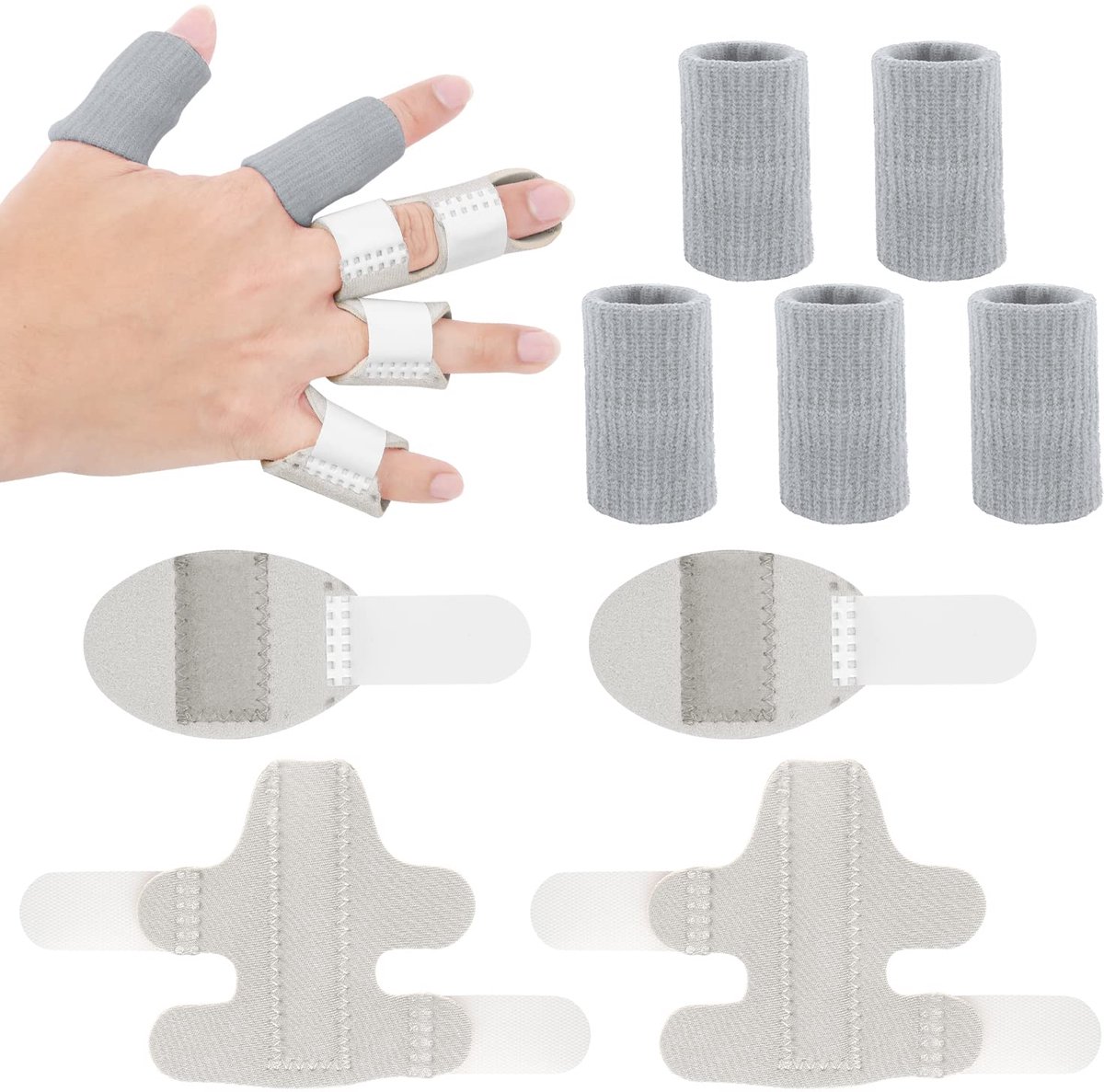 2 Pieces Finger Splints - 2 Pieces Short Finger Straightener - 5 Pieces Finger Sleeves - Adjustable Finger Stabilization Brace - Ondersteuning voor Gesprongen en Gezwollen Tense Vingers (Light Gray)