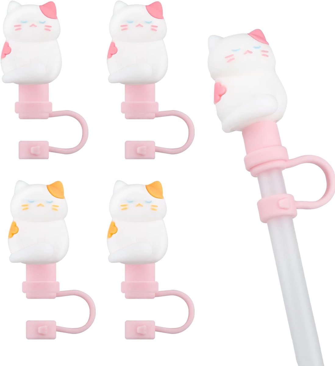 Image of 4pcs Stroeven Deksel - Schattige Kat - Siliconen Stroeven Lids voor Herbruikbare Stroeven - Geluks Kat Lids voor Sippy Bekers voor 8mm Stroeven