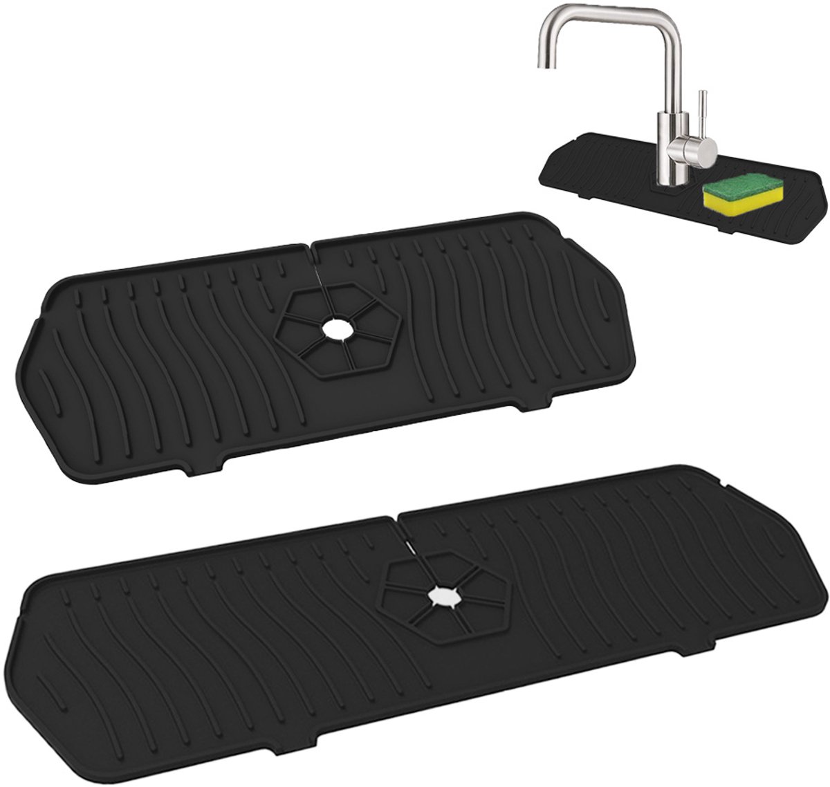 Siliconen Kraanmat 45x14.4cm+35.4x14.4cm– Spatbescherming & Gootsteenmat – Zwart