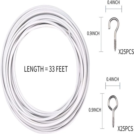 Witte spiraalkabel van 33 voet met schroefhaken en oogschroeven.