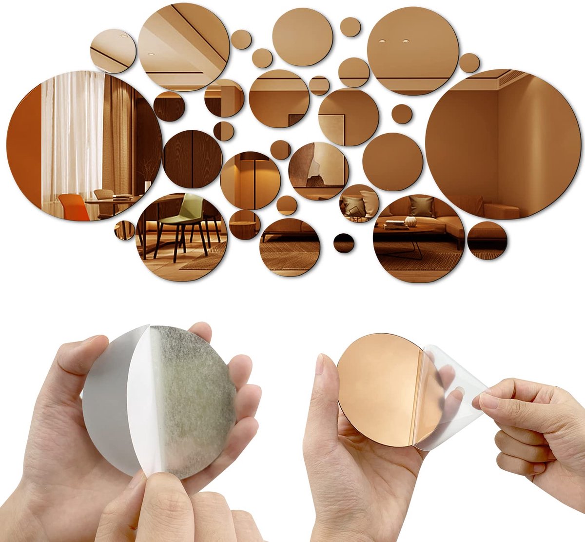 DIY Muurstickers, Set van 8 Acryl Spiegelstickers, 32 Ronde Spiegel Muurstickers, Gouden Ronde Acryl Spiegel Muurstickers voor Woonkamer, Slaapkamer, Decoratie (Champagne Goud)