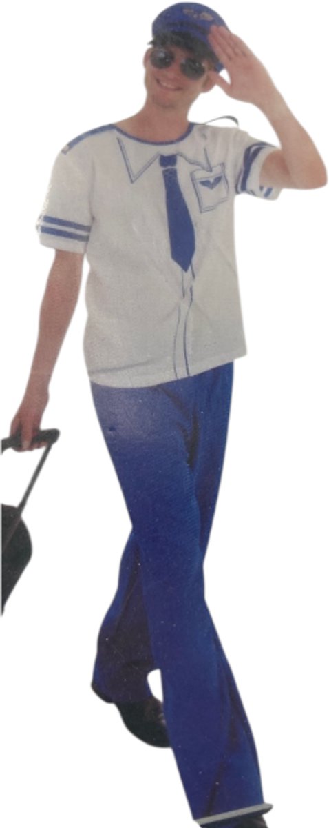 Sexy Piloot Kostuum – Strak Shirt, Blauwe Broek & Pet – Rollenspel Outfit M