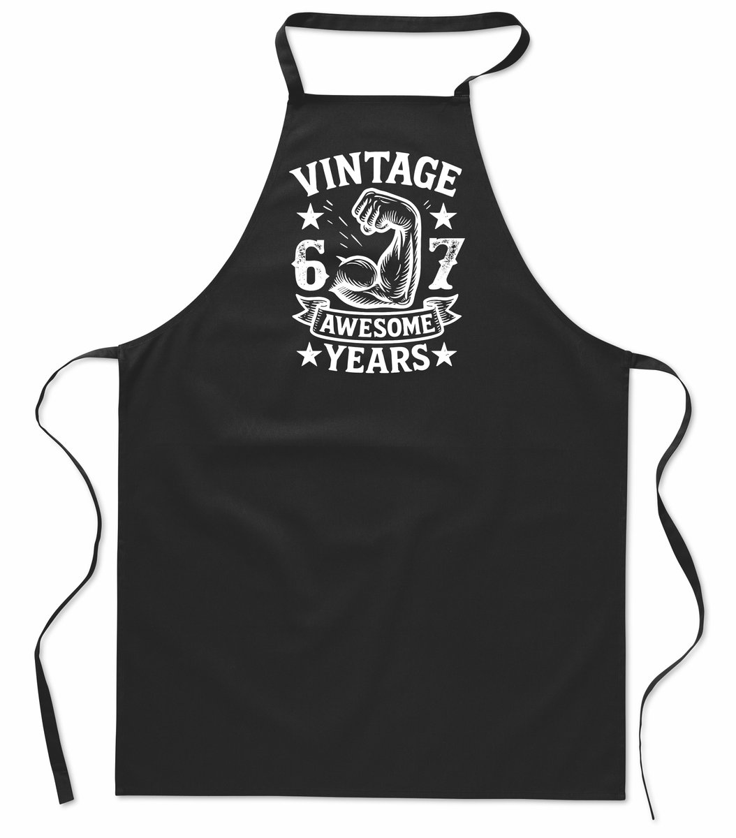 Vintage Awesome ** years - Keukenschort - kookschort - 100% katoen - BBQ - verjaardag en feest - cadeau - kado - unisex - zwart - leeftijd - 67