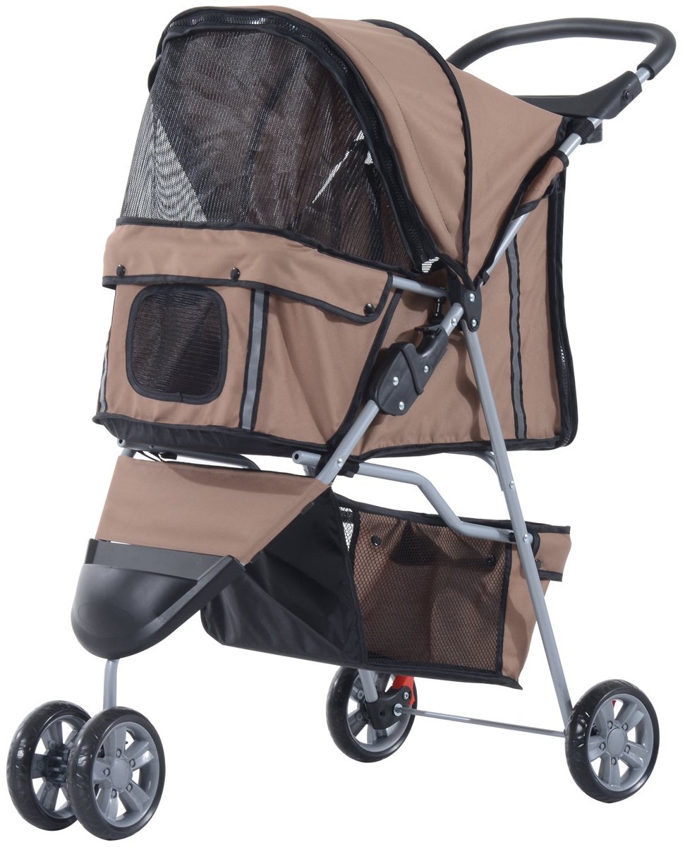 Merax Hondenbuggy Opvouwbaar – Dierenwagen Voor Kleine Honden en Katten Met Mand en Bekerhouders – Bruin – 75x45x97 cm