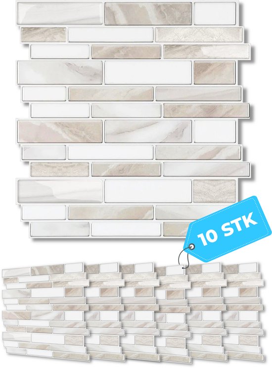 Série Mondura MarbleLine - Carrelage autocollant - Sticker carrelage et Muursticker - Cuisine et salle de bain - Aspect marbre Beige Wit - 3x Colle puissant - 10 pièces - 25,4 x 25,4 cm