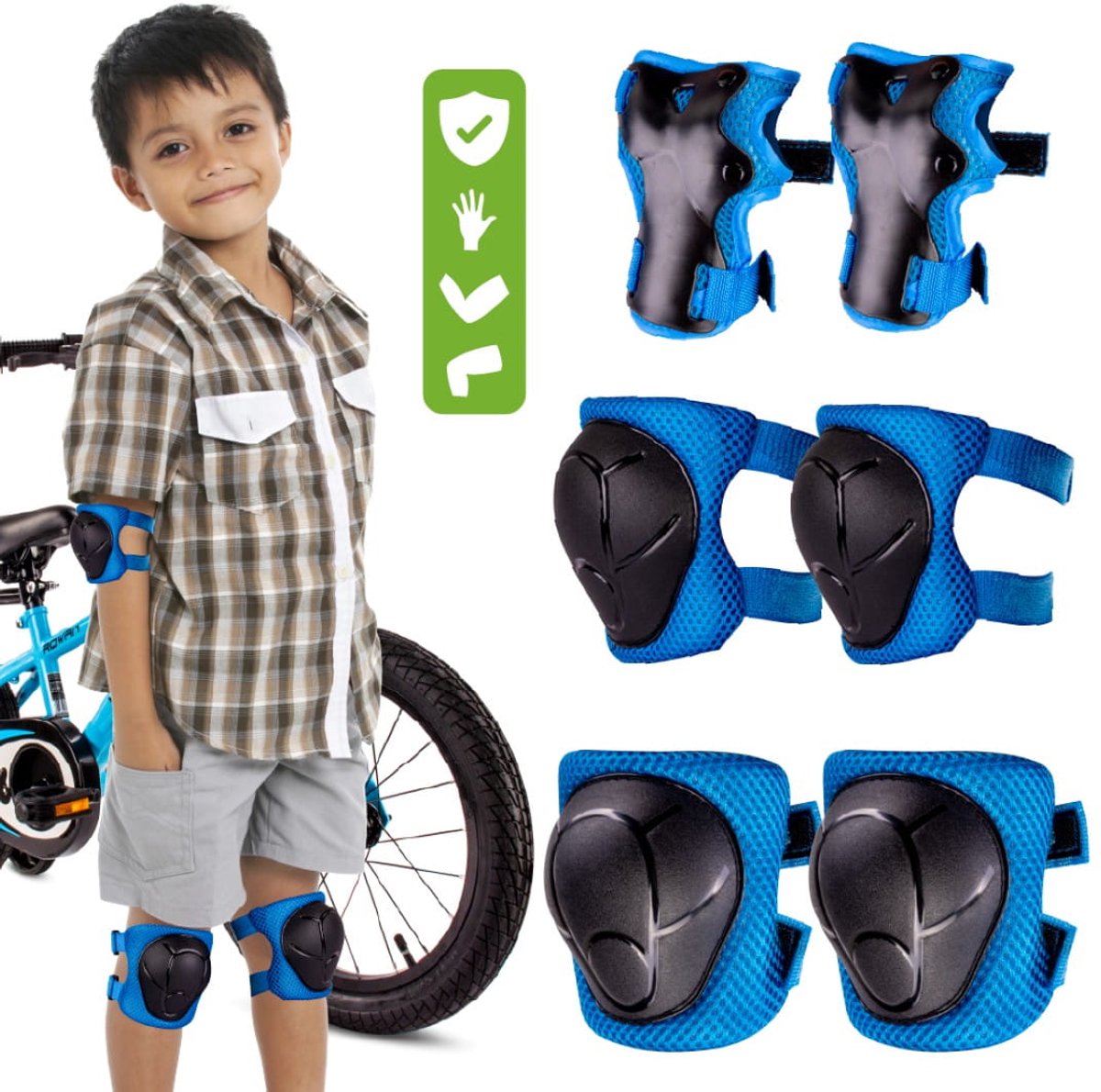 sun baby Beschermset voor kinderen knie- elleboog- en polsbeschermers – geschikt voor fiets skeelers en step – knie Ellenbogen Handgelenk Schoner flexibele klittenbandbanden Blauw
