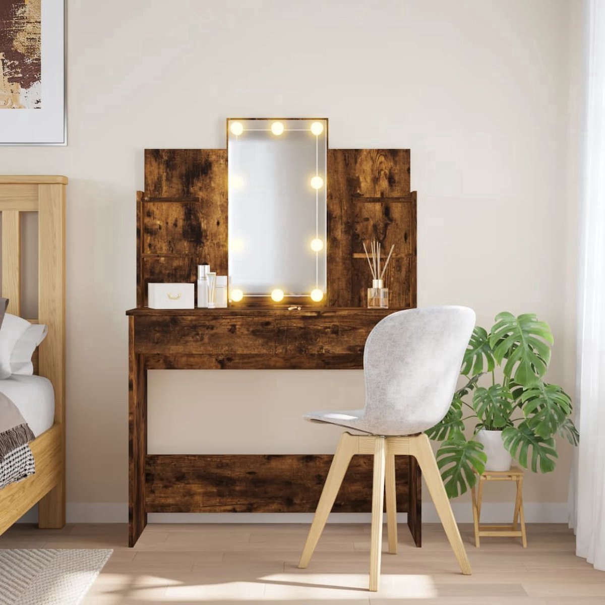 GranMaison Kaptafel met spiegel en verlichting - Make up tafel - Make up - Toilettafel -Met lades - 96 cm x 40 cm x 142 cm - Gerookt eiken