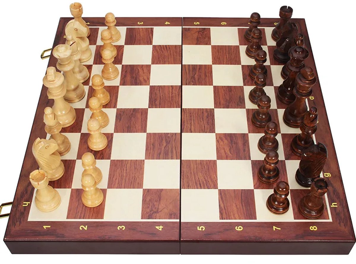 Schaakset Hout - Reis schaakbord - Binnen en buiten - Opvouwbaar met opbergruimte - 45 cm - Houtkleur