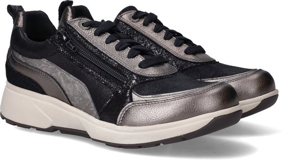 Grijze en zwarte dames sneakers met rits en veters, zilverkleurige details.