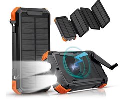 Tech Essentials Solar Powerbank 26800 mAh – USB-C – Zonneenergie – Met Zaklamp – Opvouwbare Zonnepanelen – Opwindbaar – Groot – Zwart Oranje