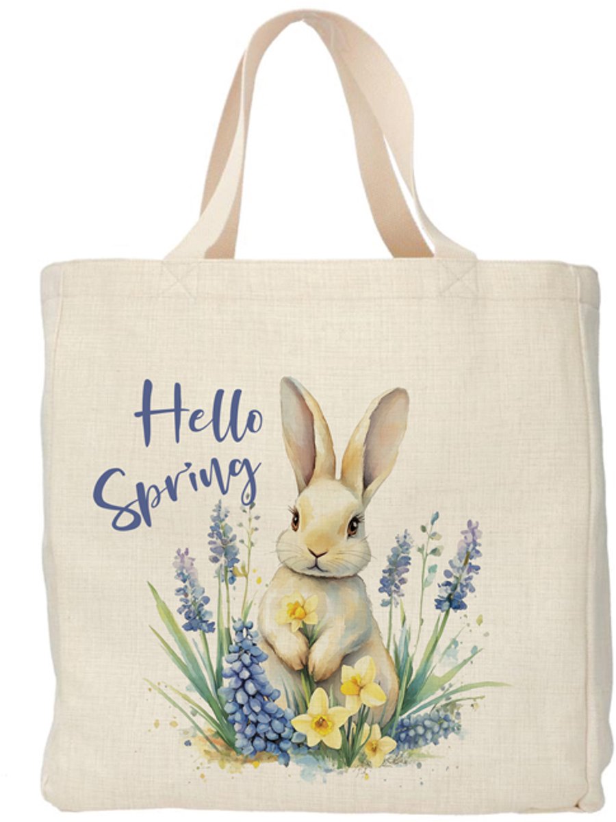 Shopper - Totebag - Boodschappentas | Hello Spring - Konijn | Duurzaam - Linnenlook - 48x38cm