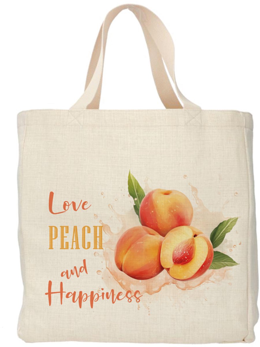 Shopper - Totebag - Boodschappentas | Love Peach and Happiness | Duurzaam - Linnenlook - 48x38cm