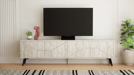 Meuble TV moderne HOCUS PICUS à 4 Portes – Grand meuble TV avec rangement – ​​Buffet TV en bois pour salon, chambre, bureau ou salle de séjour – 180 x 29,6 x 50 cm – Moka clair