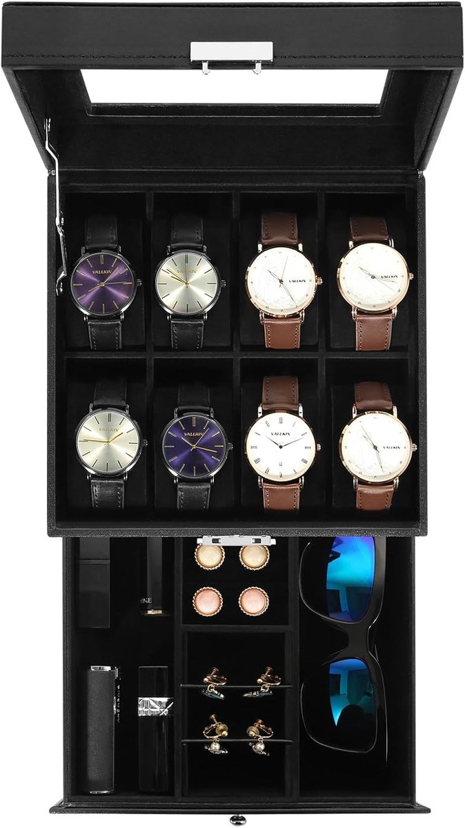Uten Luxe Sieraden Brillen Doos - Zonnebrillen Opbergdoos - Horlogebox - Sieradendoos - 2 Brillen - 8 Horloges - Brillen-Ketting-Ring-Oorbellen- Horloge - Mannen Heren - Zwart