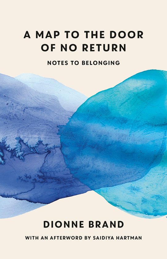 Boek kaft met abstracte aquarelverf in blauw en paars, titel 'A MAP TO THE DOOR OF NO RETURN'.