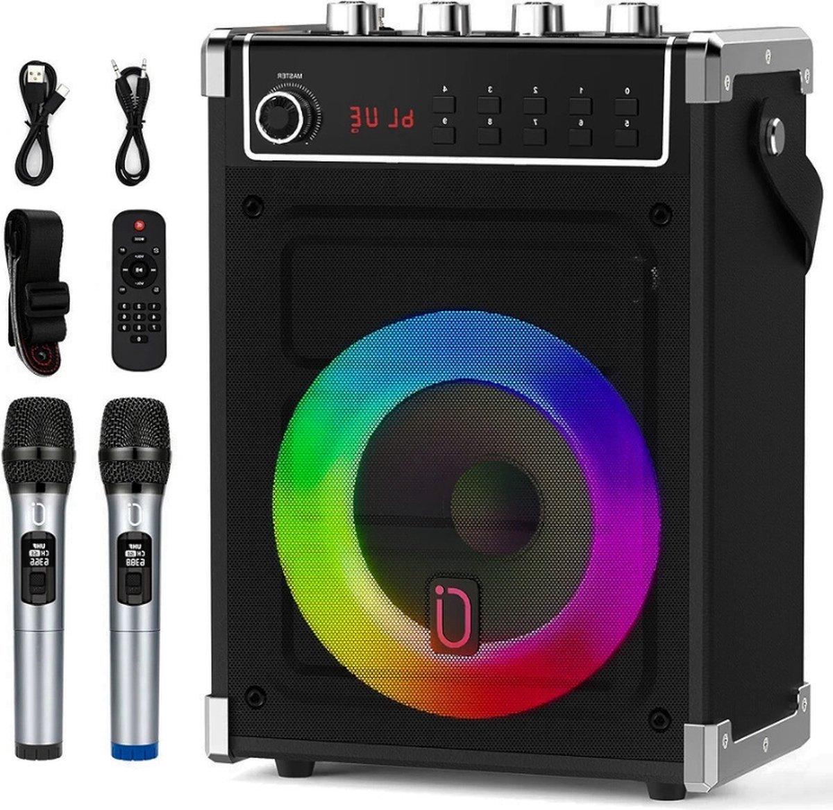 Thuys – Karaokemachine – Met 2 UHF Draadloze Microfoons – Bas/Treble Bluetooth Luidspreker Met LED Licht – Zwart