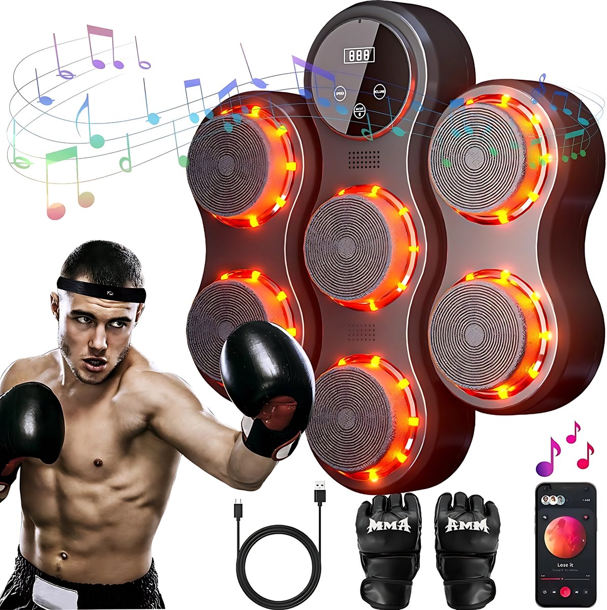 DreamGoods Boksmachine met Muziek – Reflex Trainer - Boxing Machine – Digitale Boksmachine - 9 Trainingslevels - Incl. MMA Handschoenen - Music Boxing Machine - Bokszak - Boksbal - Boks Apparaat - voor Kinderen & Volwassenen