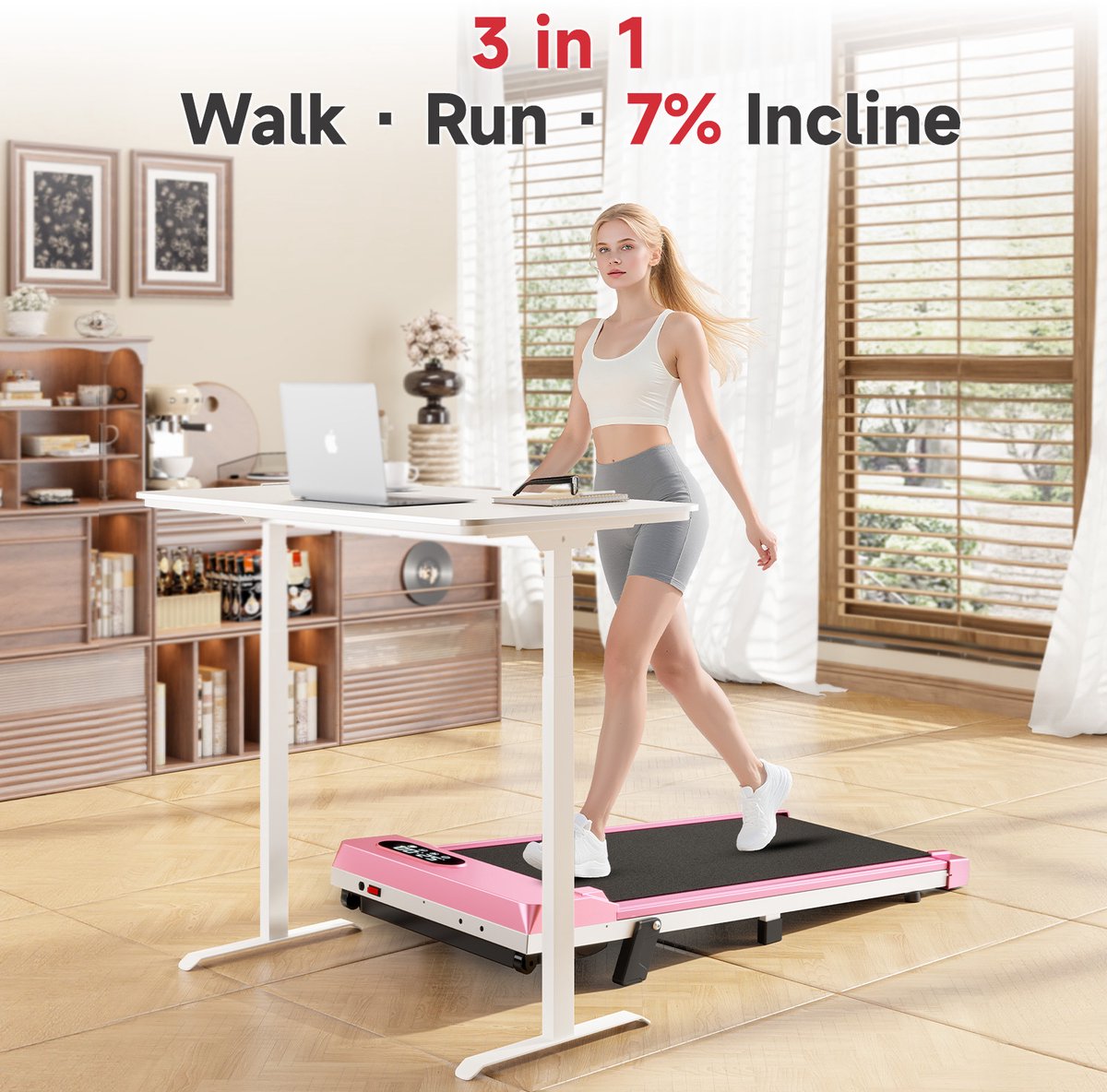 3 Loopband 8 km/u 3-in-1 met 7% Helling Roze - afbeelding 3