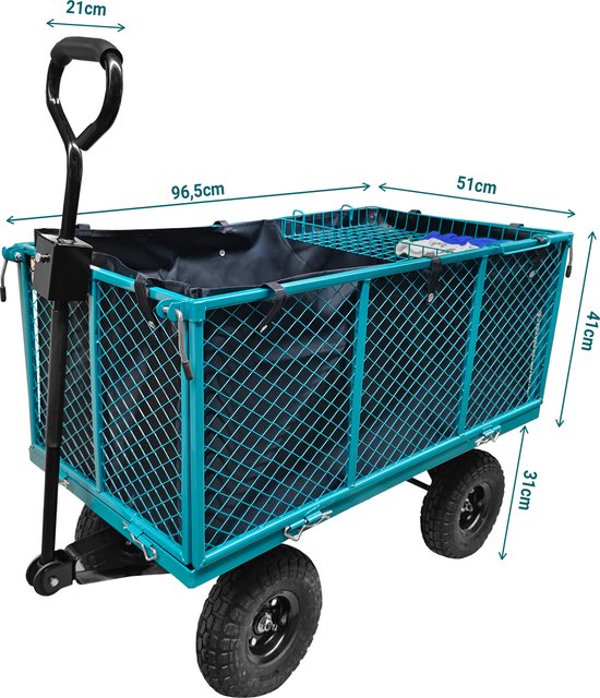 Sillar, Opvouwbare tuinwagen, 200 l, belastbaar tot 350 kg - 4-wiel tuinwagen met opklapbare zijpanelen en waterdichte mand, metalen frame, bolderwagen voor tuin- en bouwwerkzaamheden, 112x53x98 cm van Merkloos — afbeelding 4