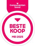 Gouden medaille met roze lint met de tekst "Consumentenbond Beste Koop Mei 2025".