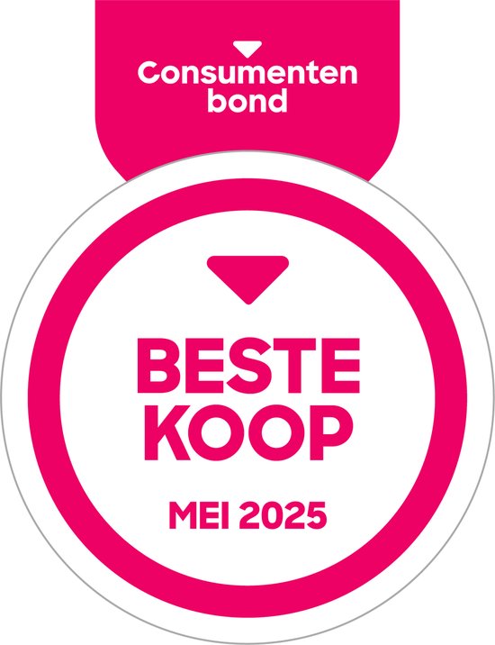 Gouden medaille met roze lint met de tekst "Consumentenbond Beste Koop Mei 2025".