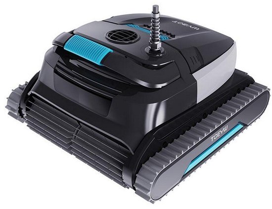 Zwarte robotstofzuiger met grijze rupsbanden en blauwe accenten, met het 'WYBOT' logo op de zijkant.