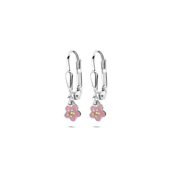 Boucles d'oreilles en argent rhodié fleur émaillée crochet brisure zircone 19 mm - 1341316