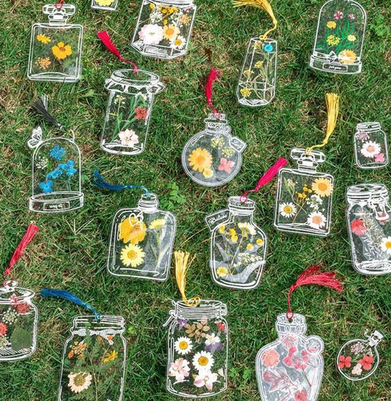Signets transparents en Fleurs séchées - DIY - Marque - pages DIY- Fleurs séchées transparentes - Spécimens de plantes faits main - Artisanat - Cadeaux de rentrée - 20 bouteilles à souhaits + 50 fleurs séchées
