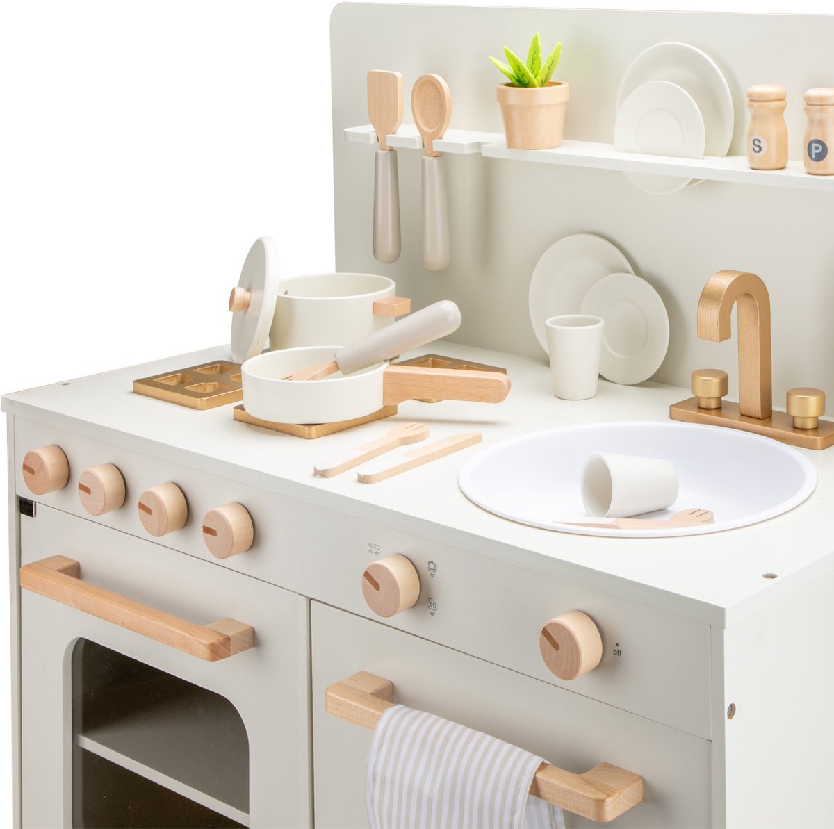 Woet® Houten Speelgoed Kinderkeuken met Vaatwasser - Speelkeukentje met Pannen, Servies, Kruidenplantje en Gouden Kraan - Speelkeuken Gebroken Wit - Werkbladhoogte 55 cm - Rollenspel - Vanaf 3 Jaar — afbeelding 4