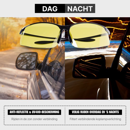 Zwarte sportbril met gele glazen, getoond in daglicht en nachtomstandigheden. Anti-reflectie en UV400.