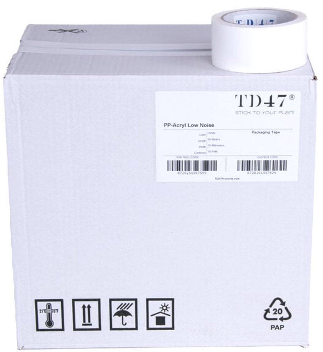TD47 Verpakkingstape PP low noise 50mm x 66m Wit (Doos 36 Rollen)