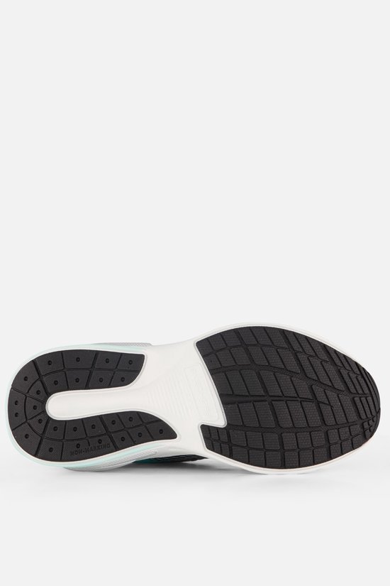 Onderkant van een Skechers S2K sneaker met zilveren, roze en mintgroene accenten.