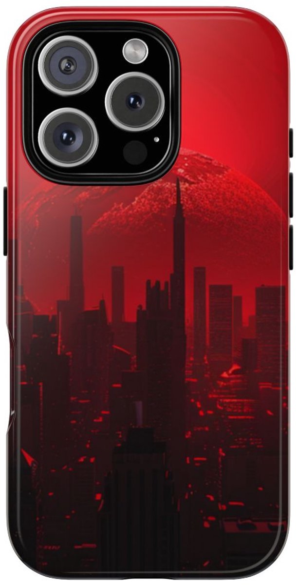 Futuristisch Stadsgezicht met Rode Planeet – Telefoonhoesje Geschikt voor iPhone 16 Pro