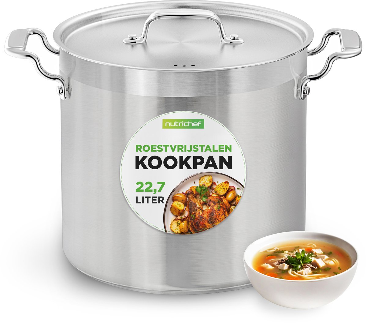 NutriChef Kookpot– 22-Liter Inductie Soeppot- Roestvrijstalen Kookpan met Deksel, Vaatwasmachinebestendig
