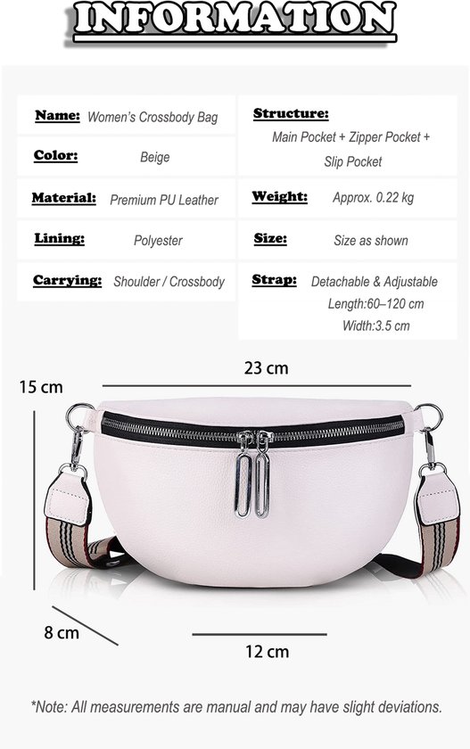 Rainbecom - Sac bandoulière femme en Cuir - 3 compartiments - Double fermeture éclair - Sac à bandoulière élégant avec bandoulière réglable et amovible - Beige - Léger et tendance - 23 x 15 x 8 cm
