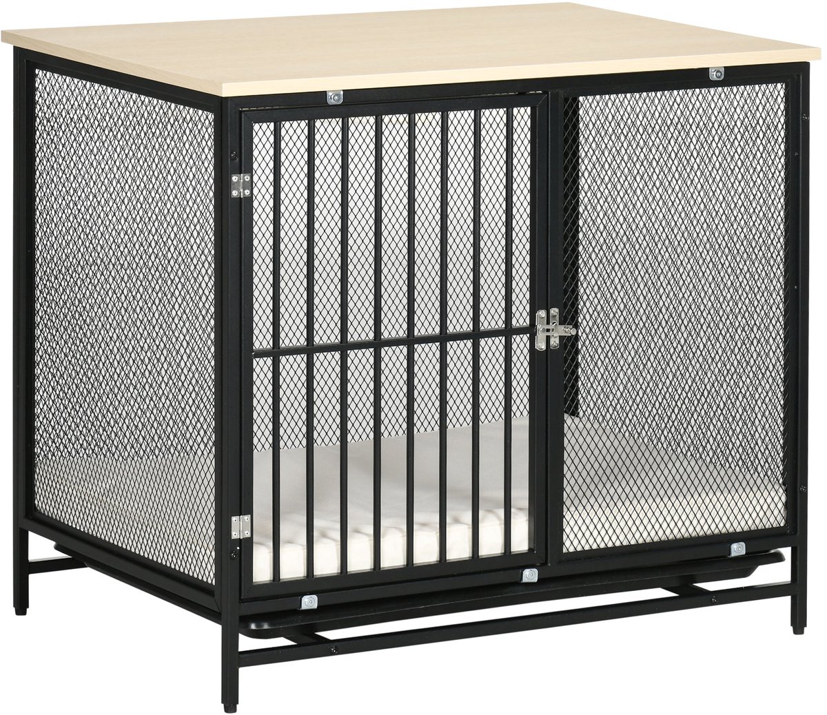 Merax Hondenbench Eiken Zwart 80x55x71 cm – Hondenmeubel met Kussen en Tafelblad – Hondenbox met Uitneembare Bodemlade voor Middelgrote Honden tot 20 kg